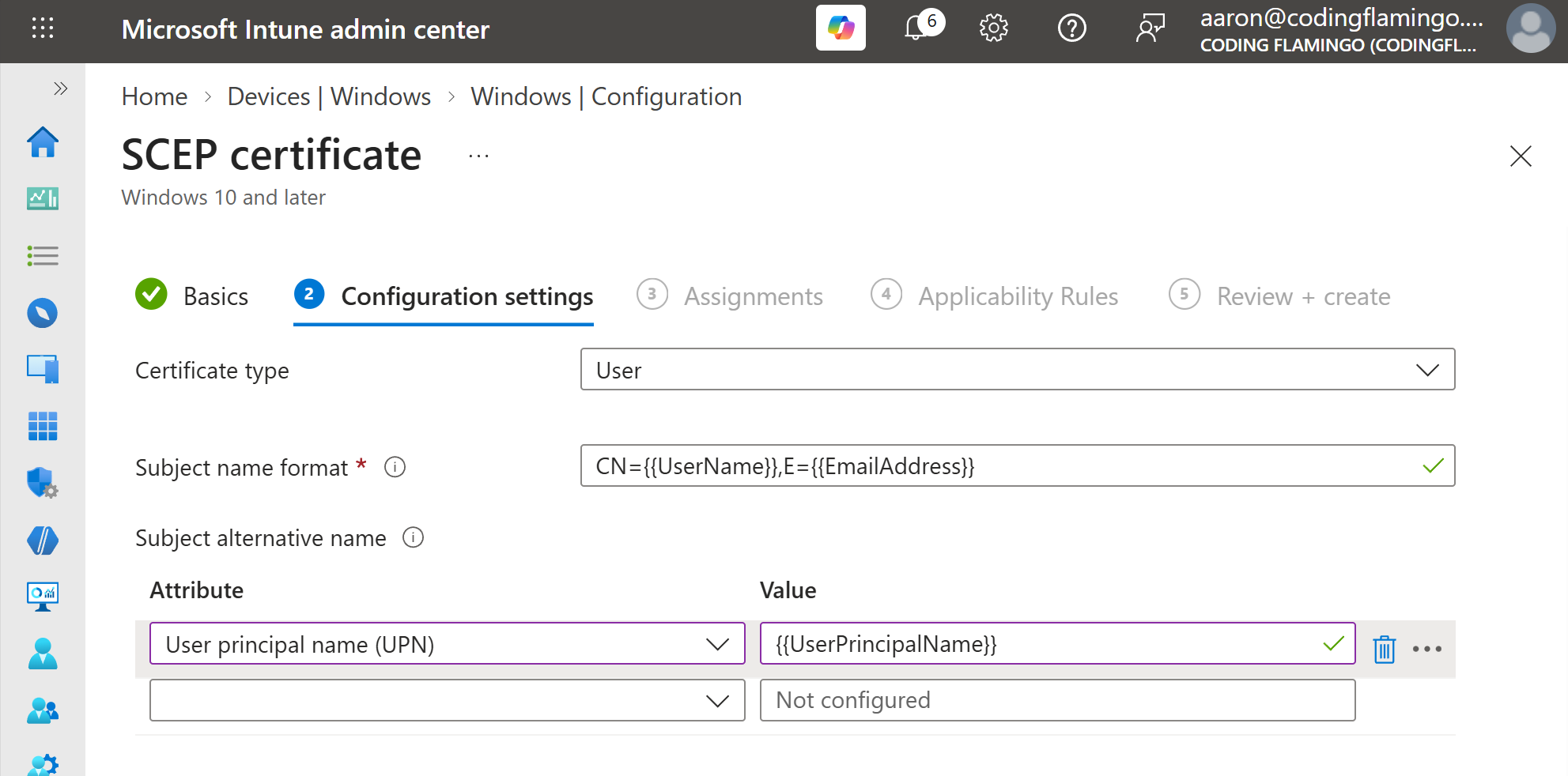 Intune SCEP Certificate Subject SAN Values