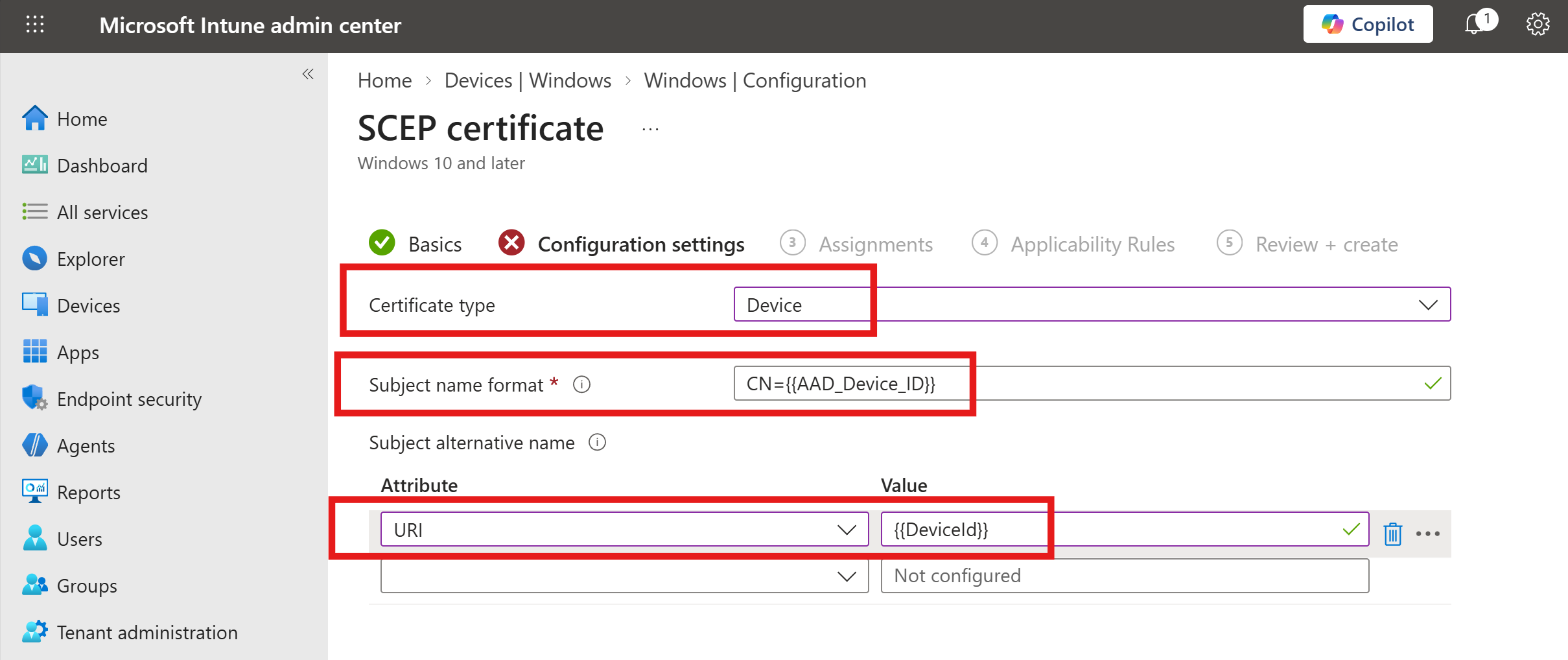 Intune SCEP Certificate Subject SAN Values