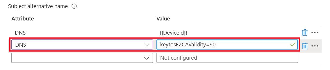 Intune SCEP certificate profile with an extra DNS subject alternative name keytosEZCAValidity=90 that sets a custom certificate validity period