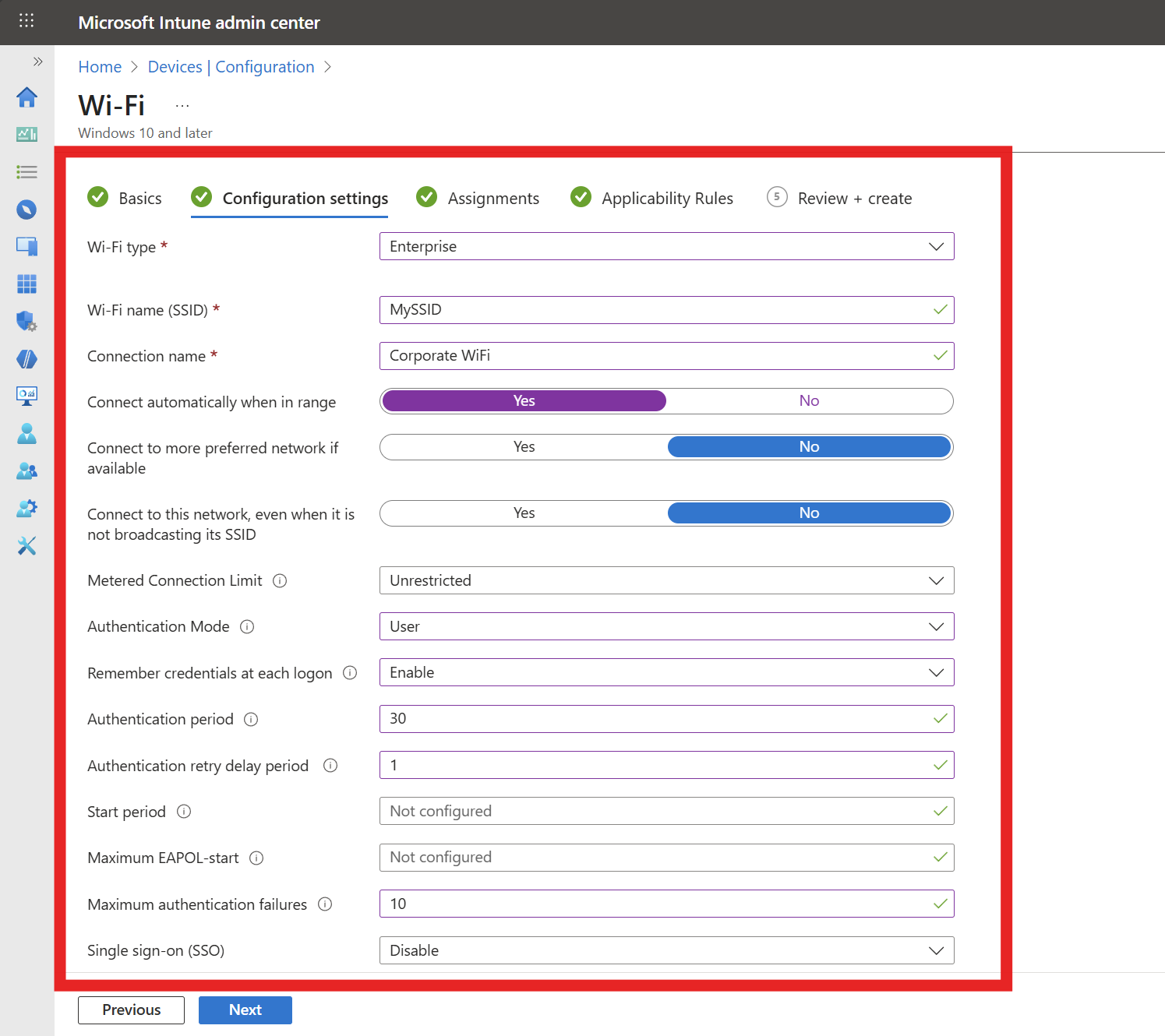 Intune Wi-Fi Profile Basic Settings