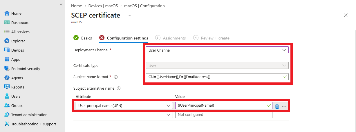 Intune SCEP Certificate Subject SAN Values