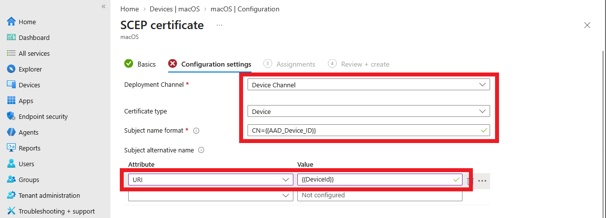 Intune SCEP Certificate Subject SAN Values