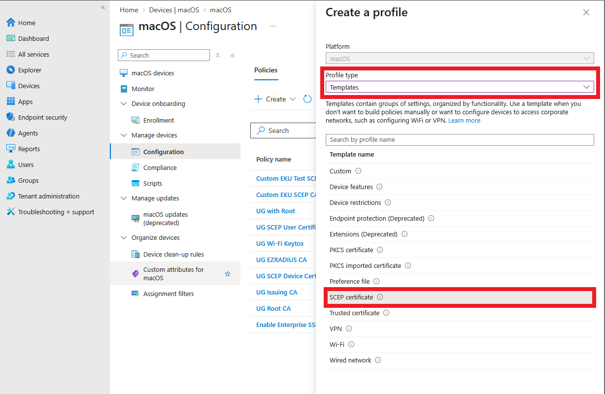 Intune Create macOS SCEP Certificate Profile - Select Template
