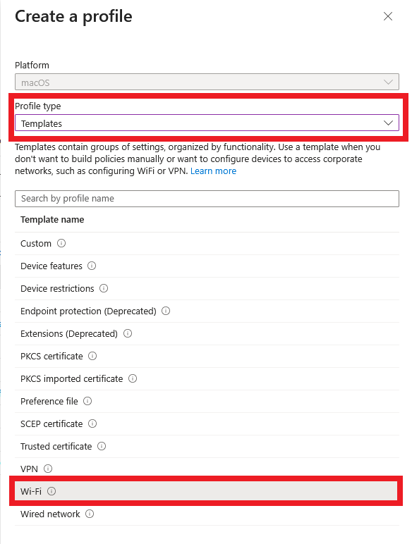 Intune create configuration for macOS with Wi-Fi template highlighted