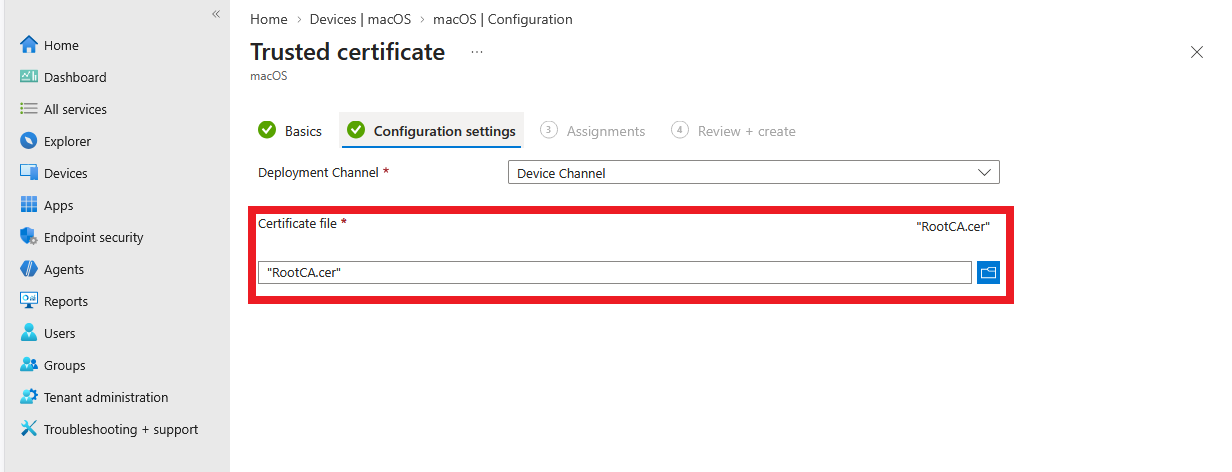 Intune Trusted Certificate Profile Settings
