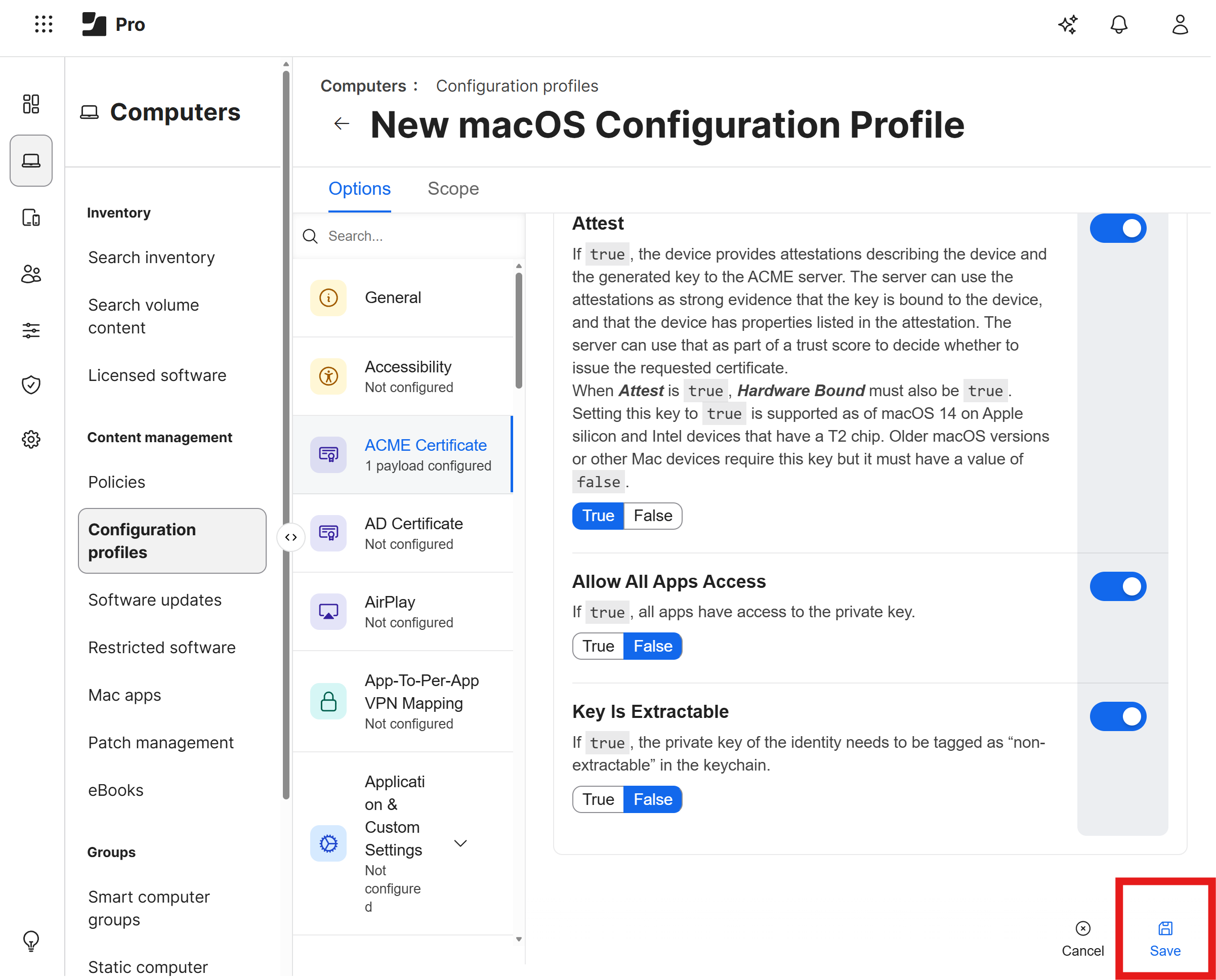 ACME Settings in Jamf Pro Configuration Profile