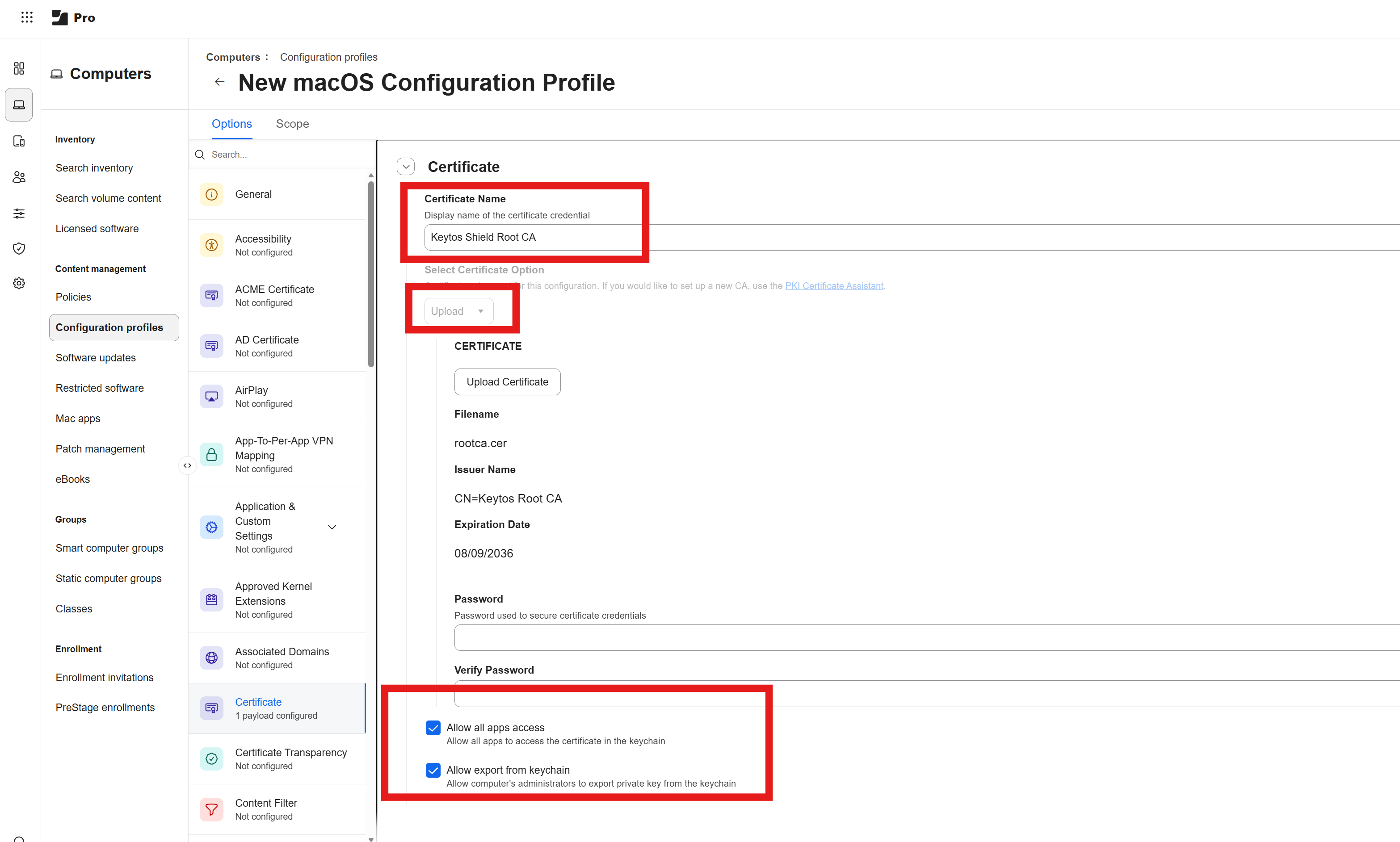 Upload Keytos Shield Server CA Certificate to Jamf Pro Configuration Profile