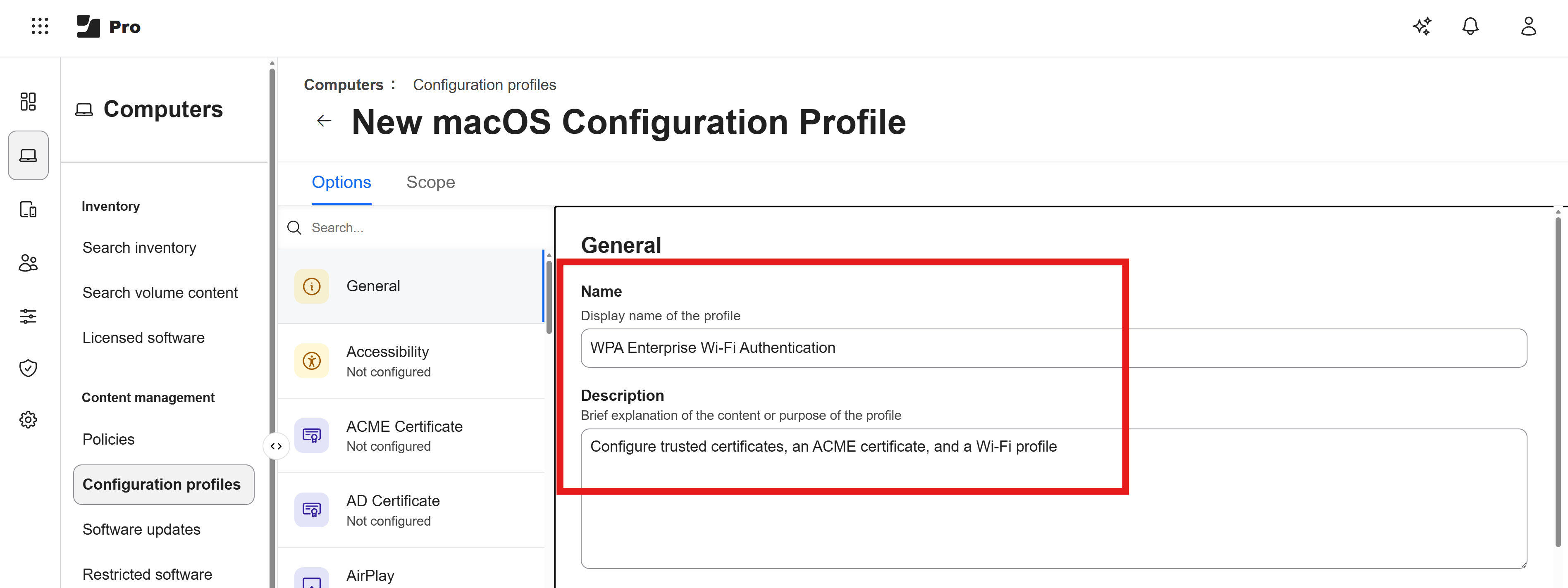 Jamf Pro Configuration Profile General Section