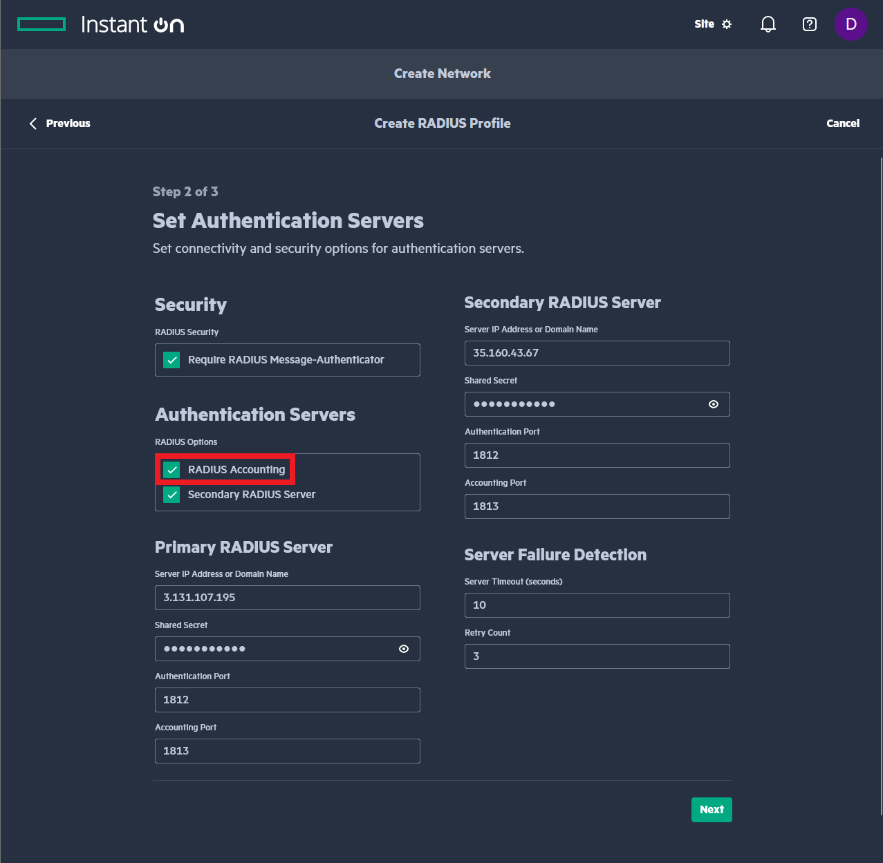 Aruba Instant On Enable RADIUS Accounting Server