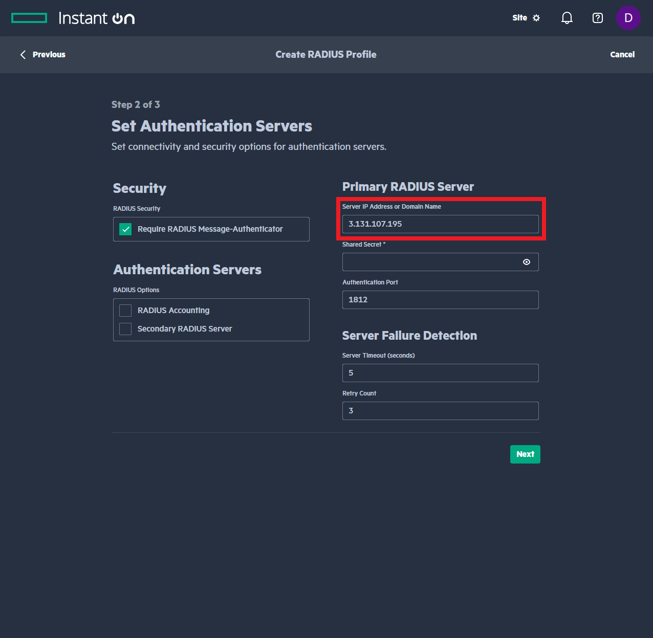 Aruba Instant On Primary RADIUS server enter IP Address