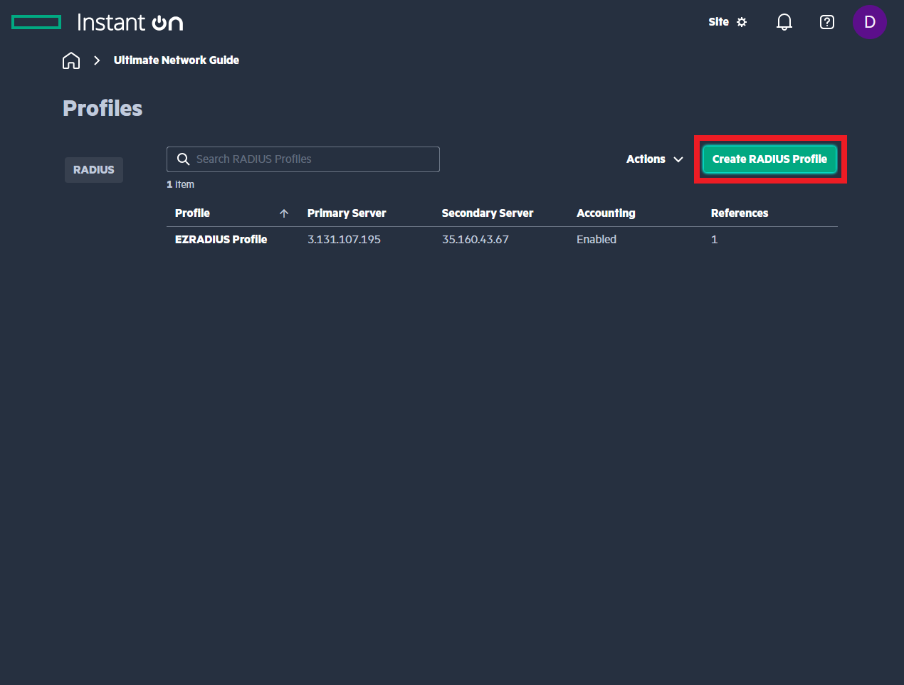 Aruba Instant On portal Create RADIUS profile button highlighted