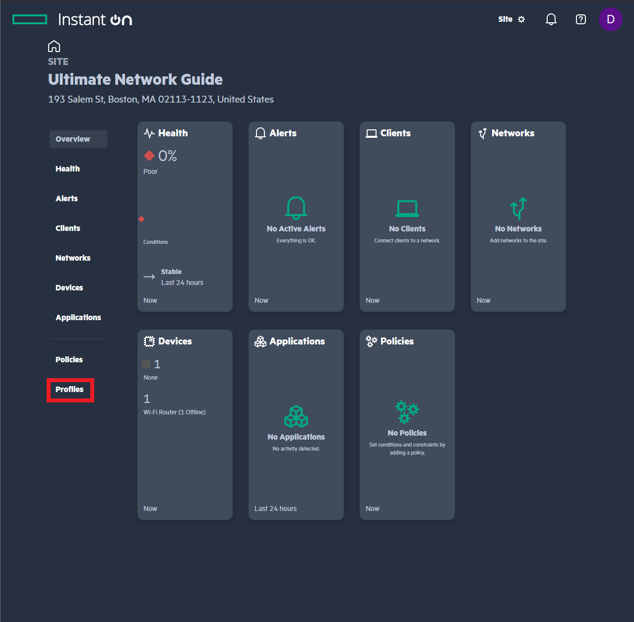 Aruba Instant On portal Profiles tab highlighted