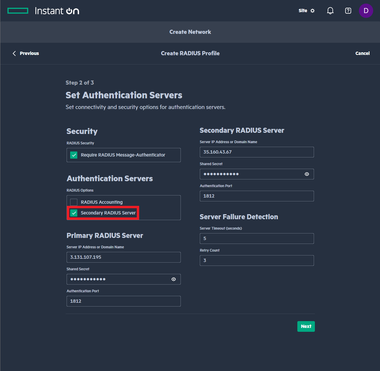 Aruba Instant On Enable Secondary RADIUS Server
