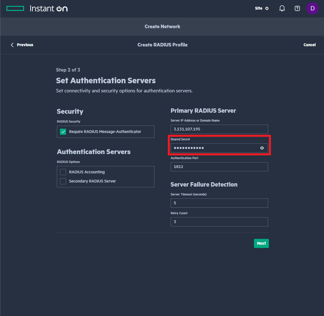 Aruba Instant On Primary RADIUS server enter Shared Secret