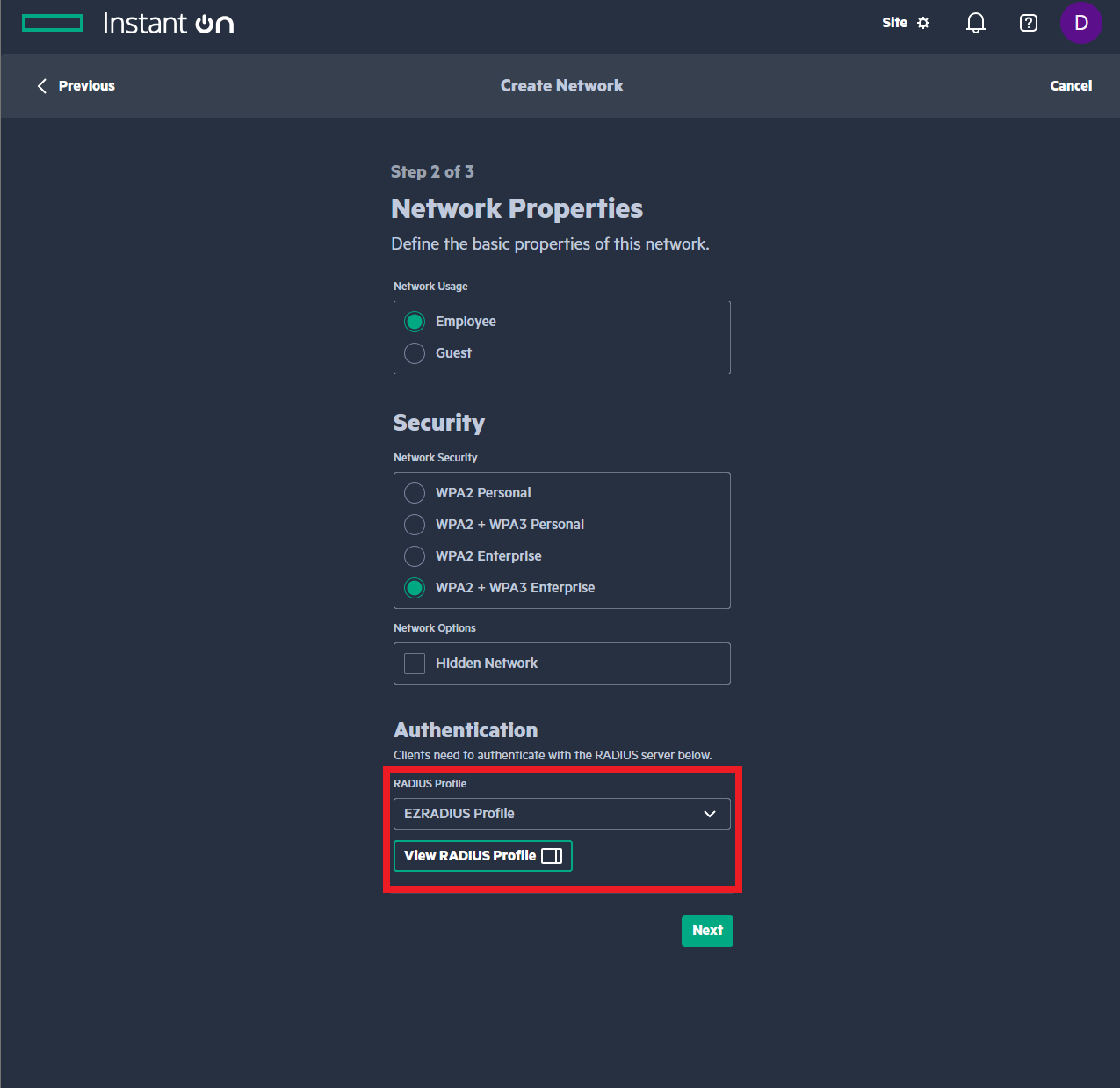 Aruba Instant On portal existing Wi-Fi network highlighted select RADIUS profile in dropdown