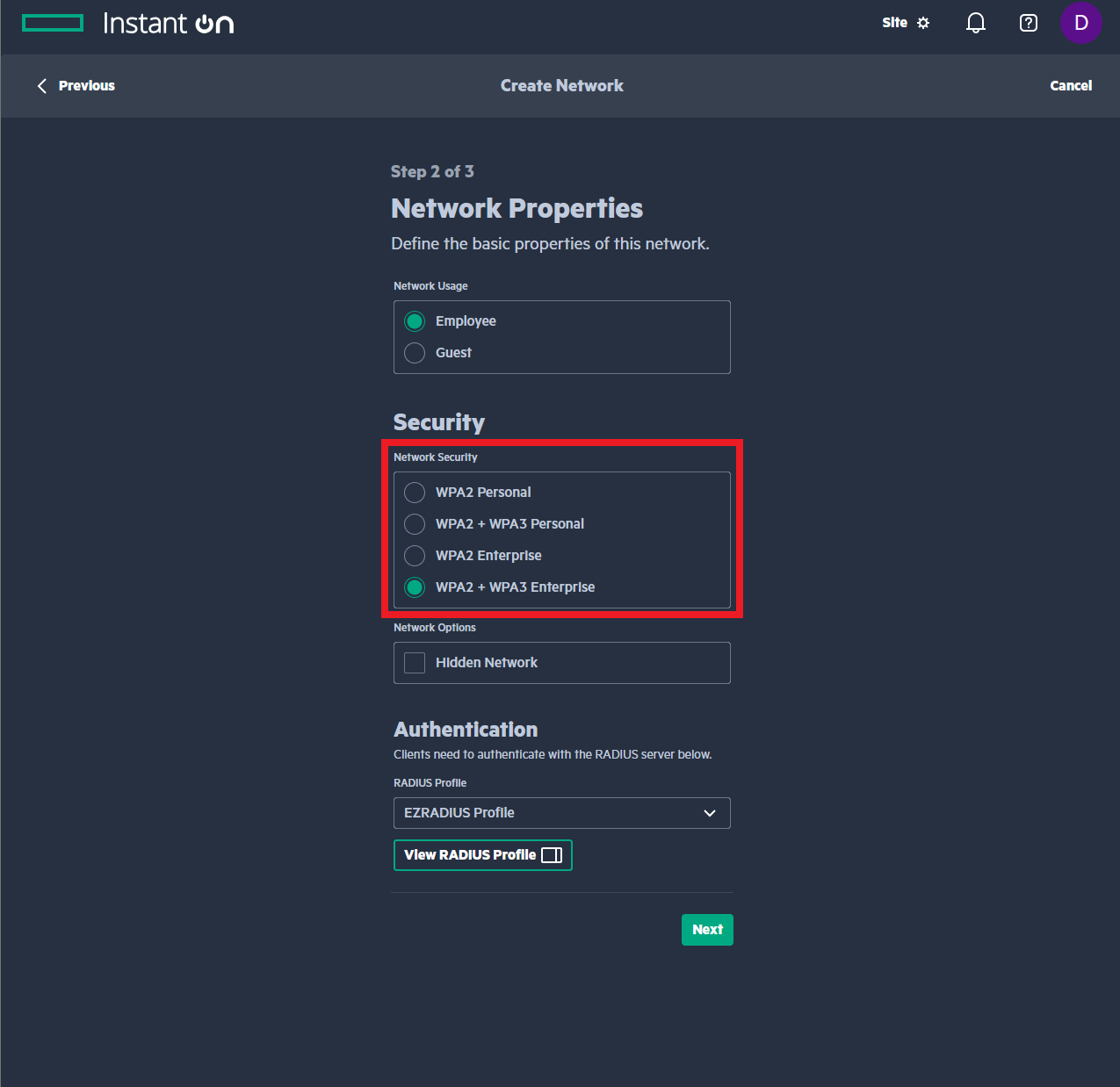 Aruba Instant On portal existing Wi-Fi network highlighted set Network Security to WPA2 + WPA3 Enterprise