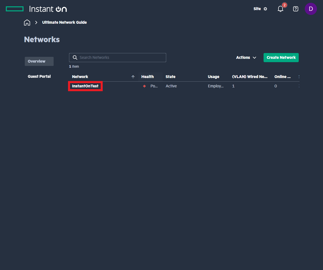 Aruba Instant On portal existing Wi-Fi network highlighted