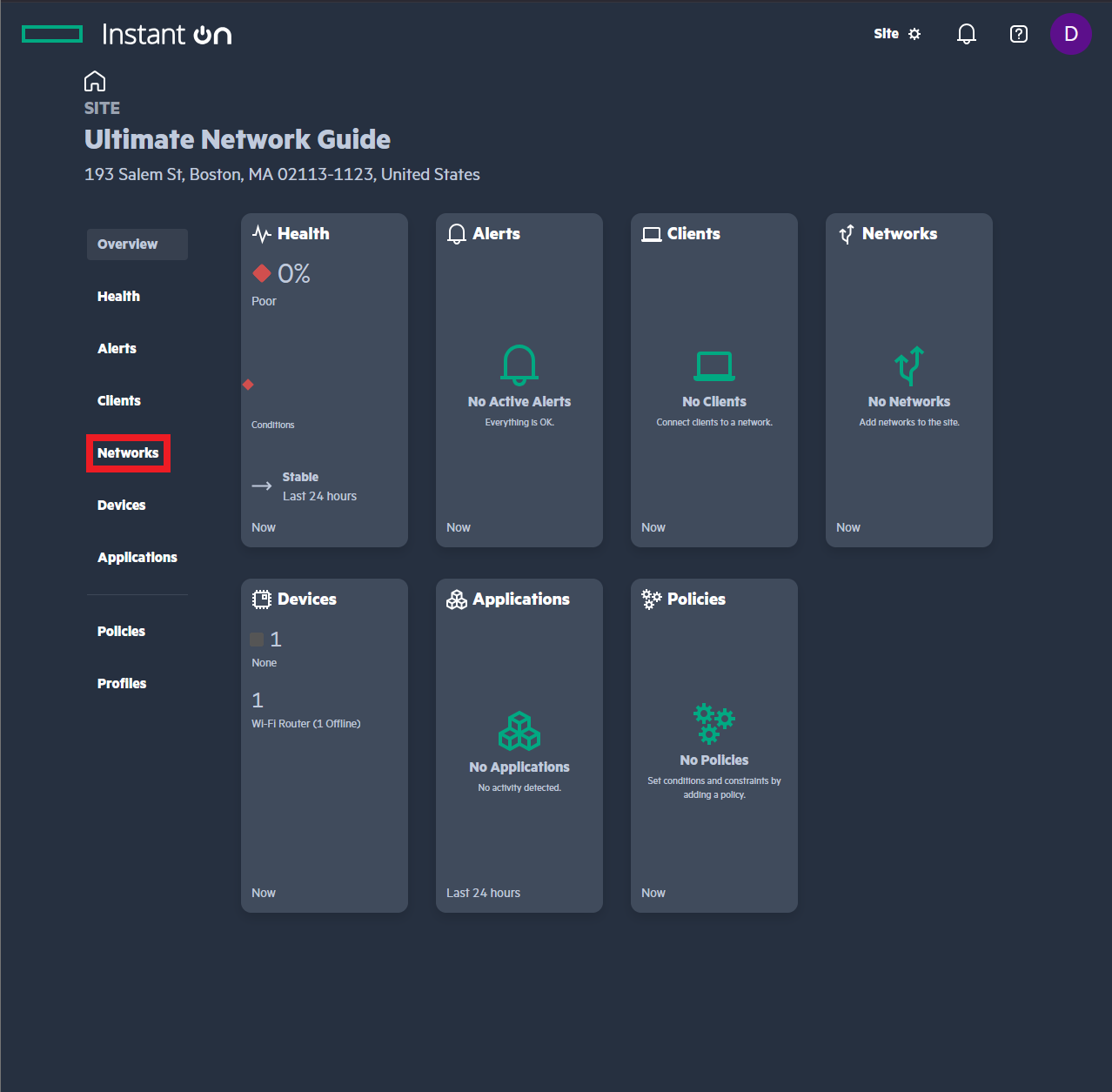Aruba Instant On portal Networks tab highlighted