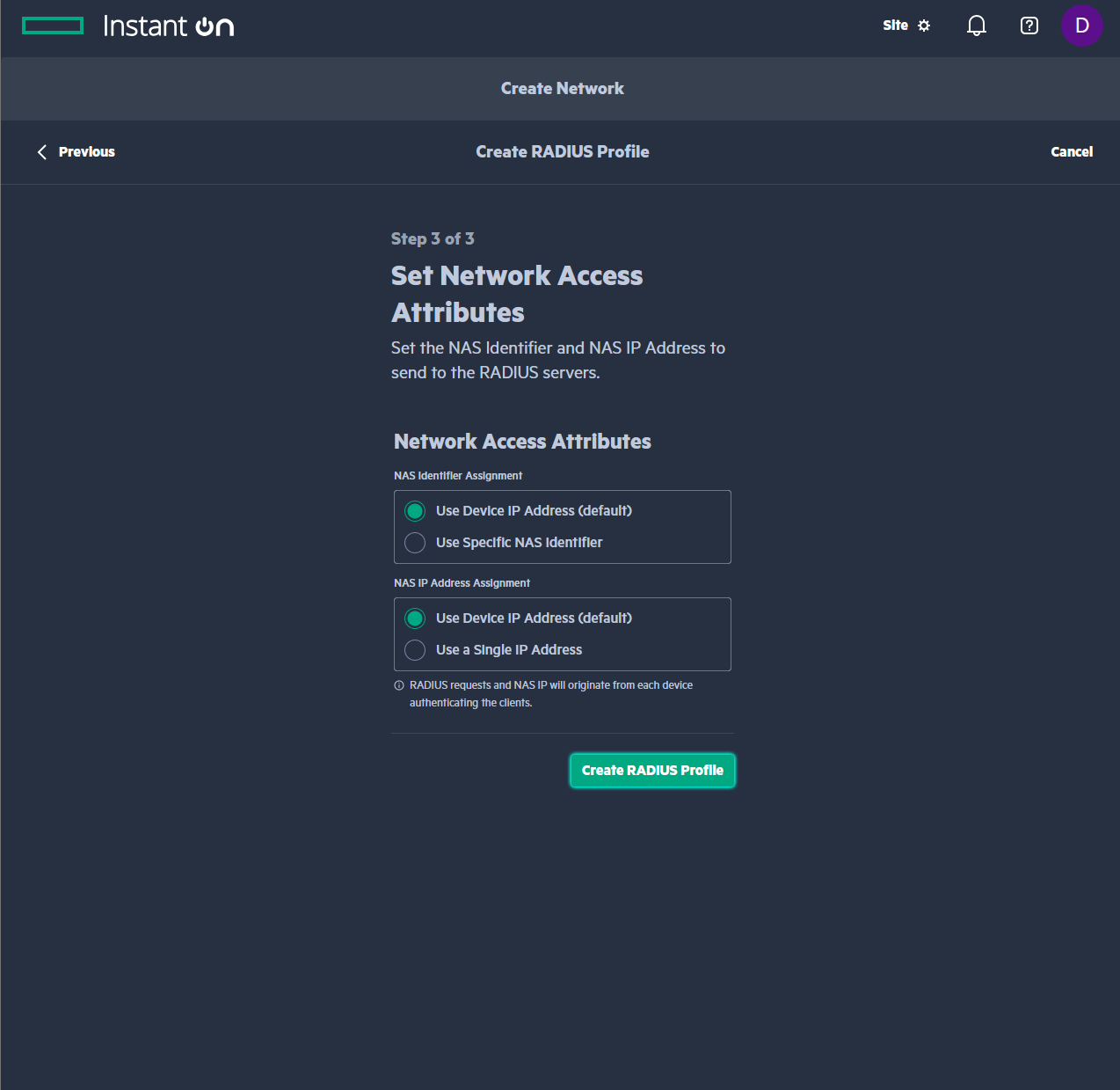 Aruba Instant On Set Network Access Attributes for RADIUS