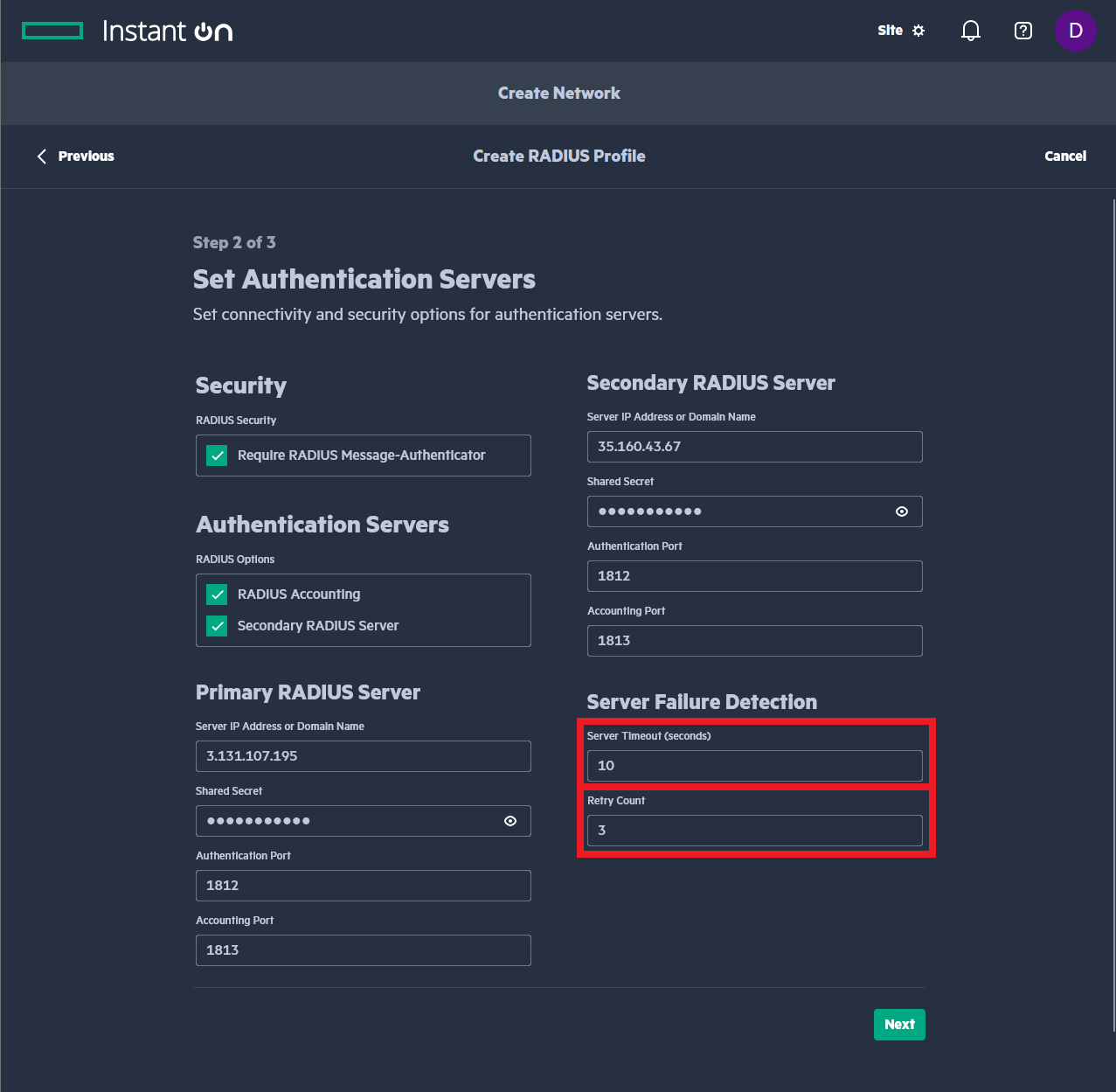 Aruba Instant On Configure Server Failure Detection Timeout Settings