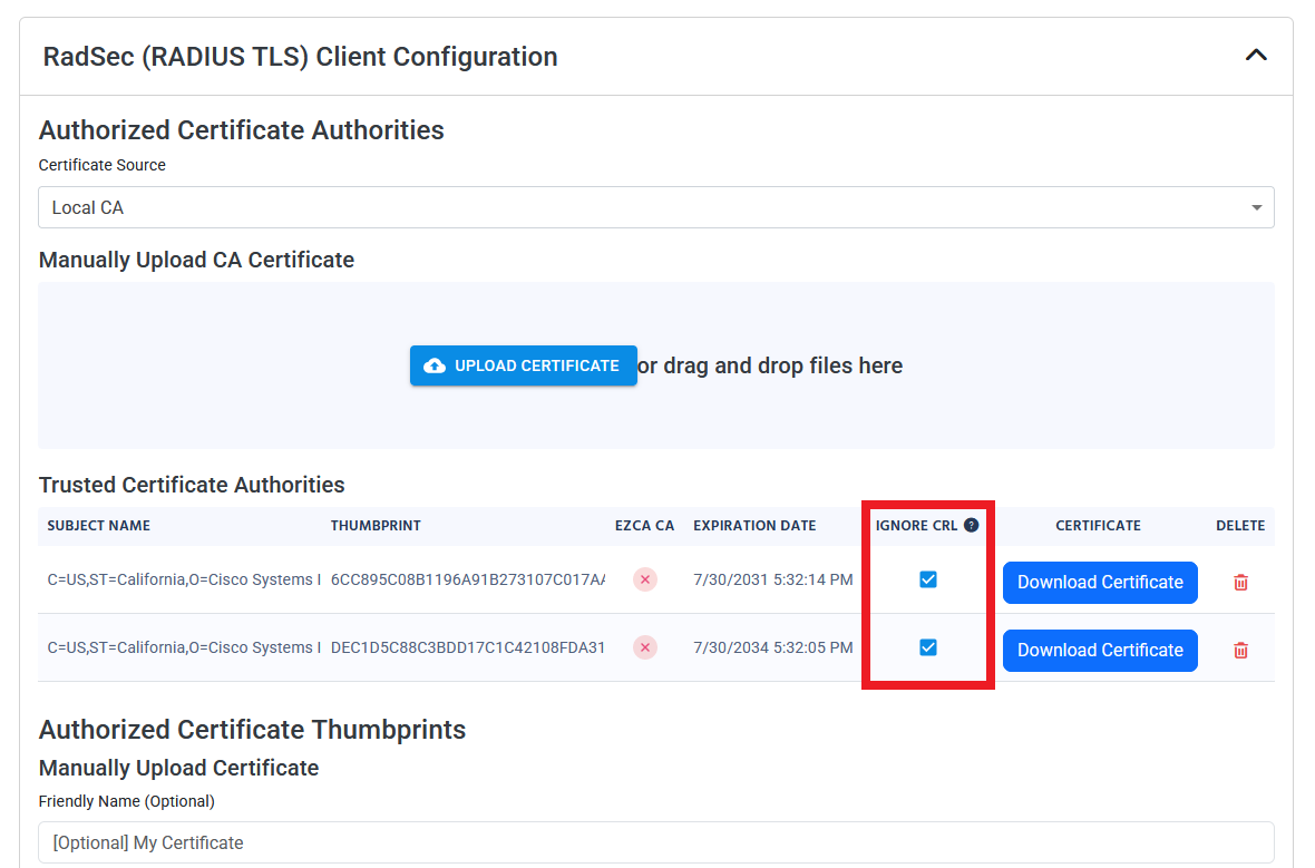 EZRADIUS portal with two Ignore CRL highlighted in Trusted Certificate Authorities