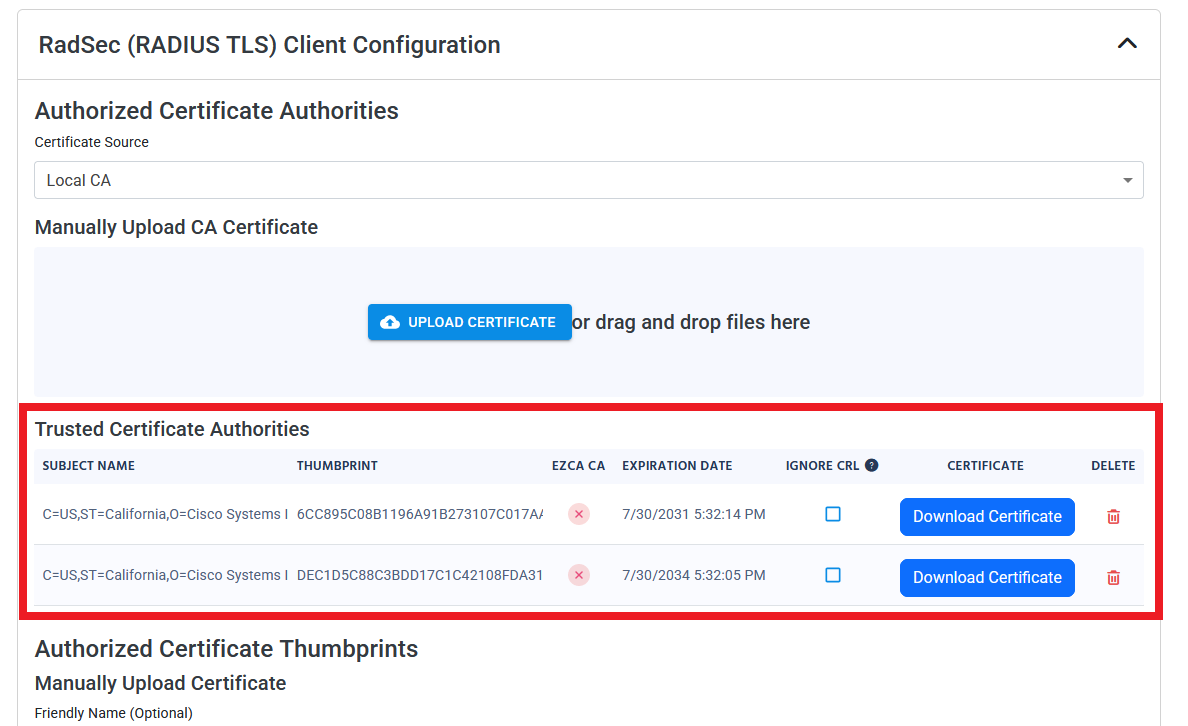 EZRADIUS portal with two Meraki CAs highlighted in Trusted Certificate Authorities