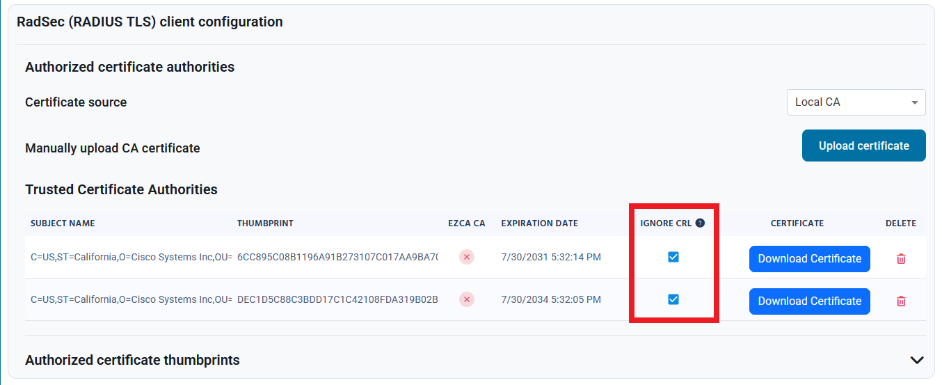 Shield portal onboarding page with two Ignore CRL highlighted in Trusted Certificate Authorities