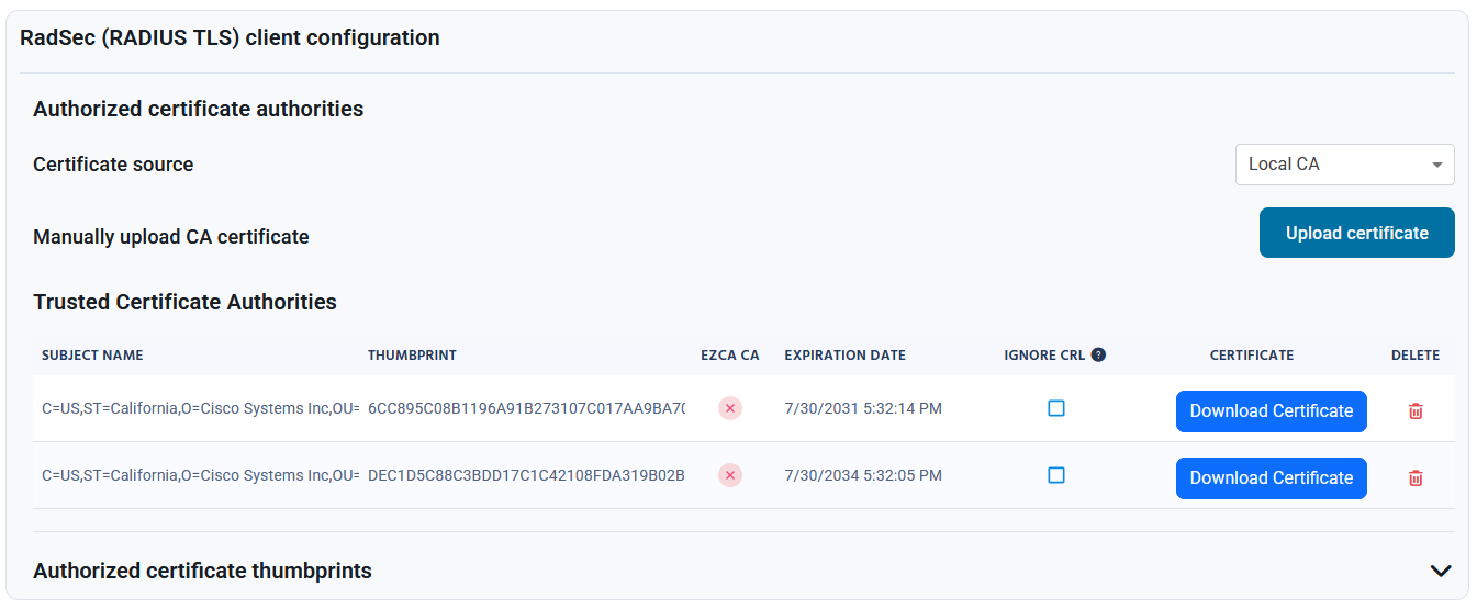 Shield portal with two Meraki CAs highlighted in Trusted Certificate Authorities