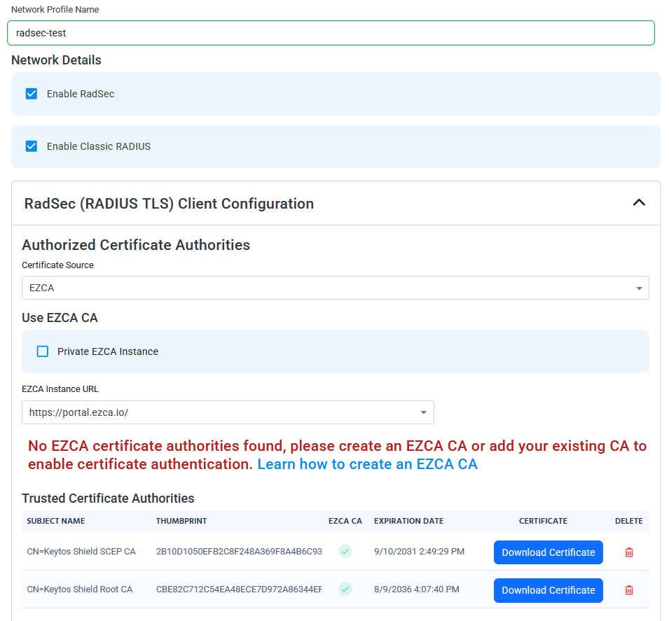 Keytos Shield Network Profiles page with RadSec Client Configuration Section highlighted
