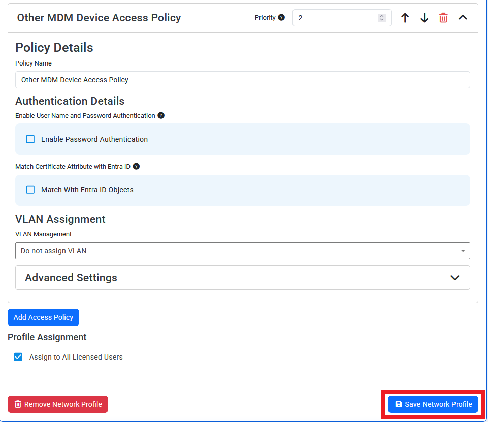 Keytos Shield Network Profiles page with Save Network Profile button highlighted