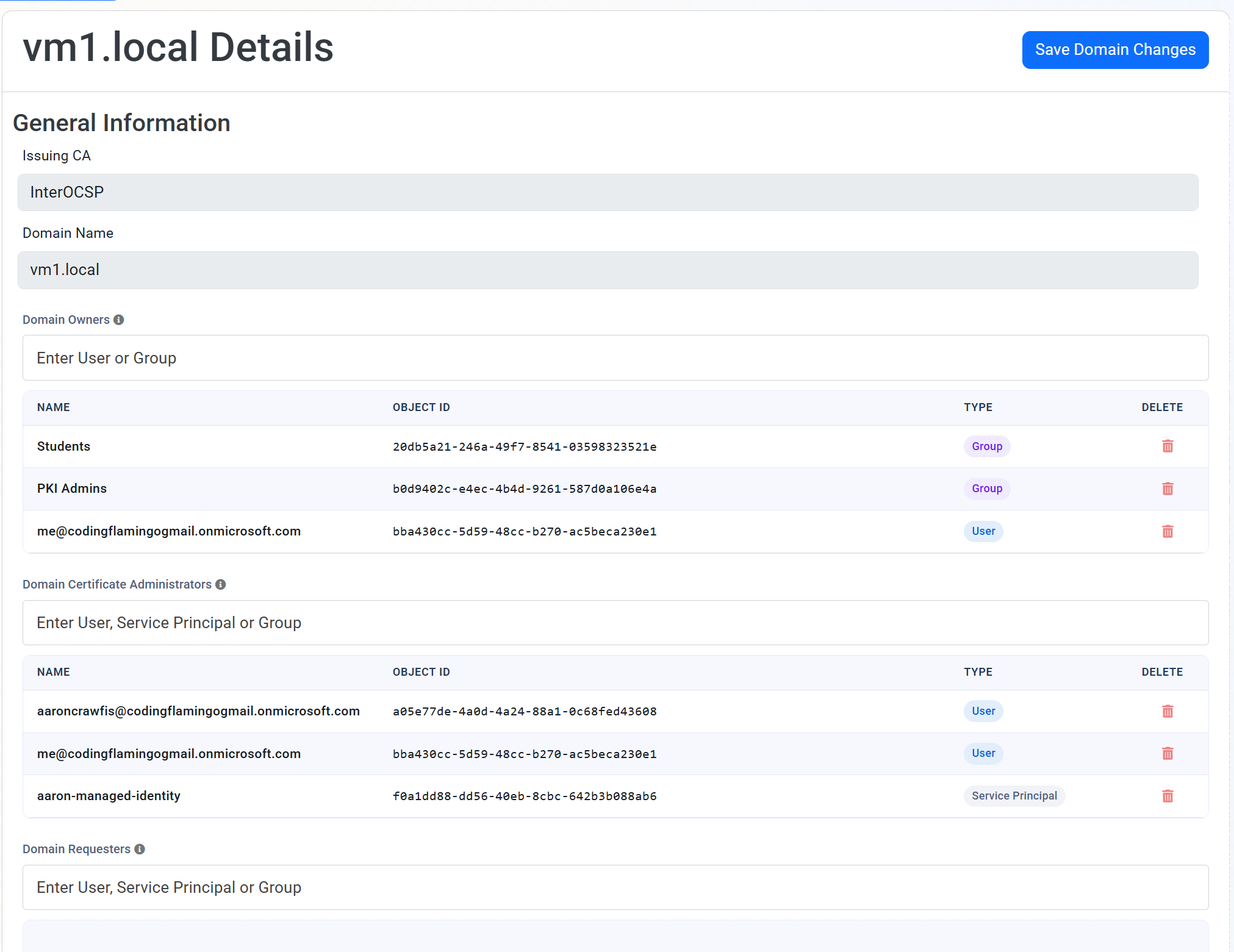 EZCA Permissions showing assigned roles