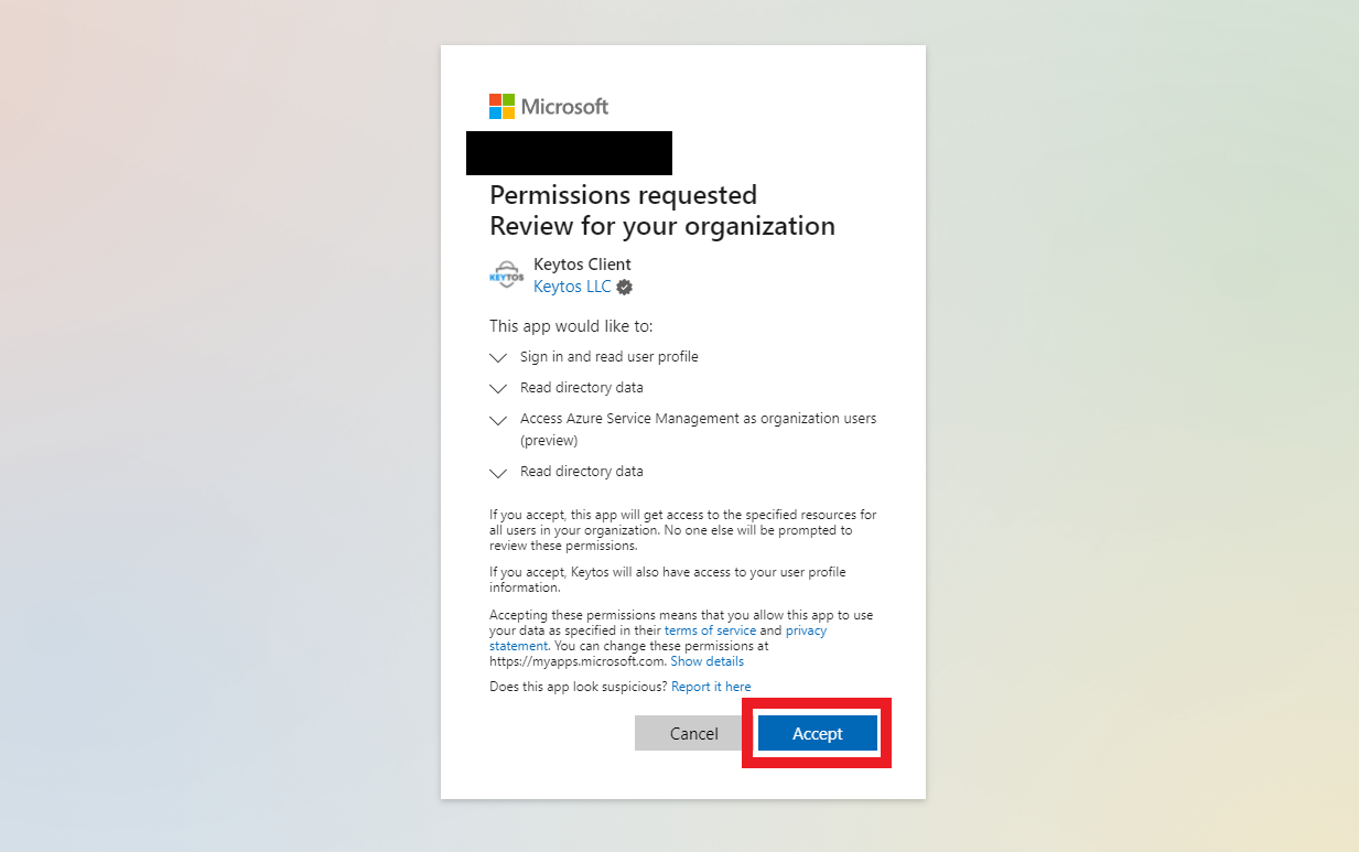 EZCA consent screen showing the permissions requested by the Keytos applications