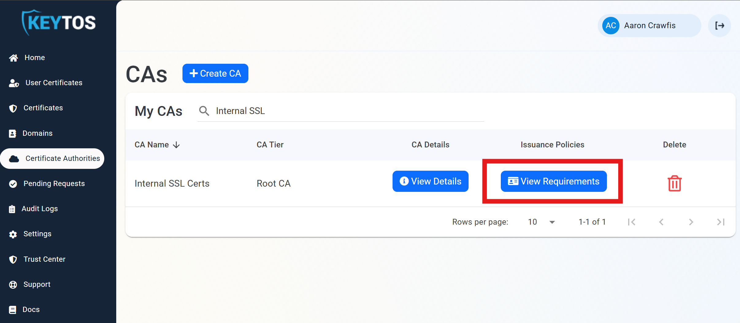 EZCA Cloud PKI My CAs list showing multiple certificate authorities with View Requirements button highlighted