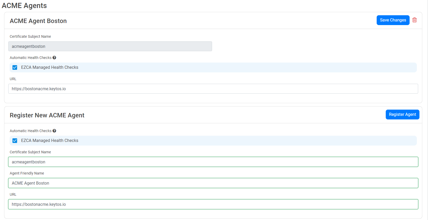 ACME Agent Section in EZCA Certificate Authority details page showing registered agent