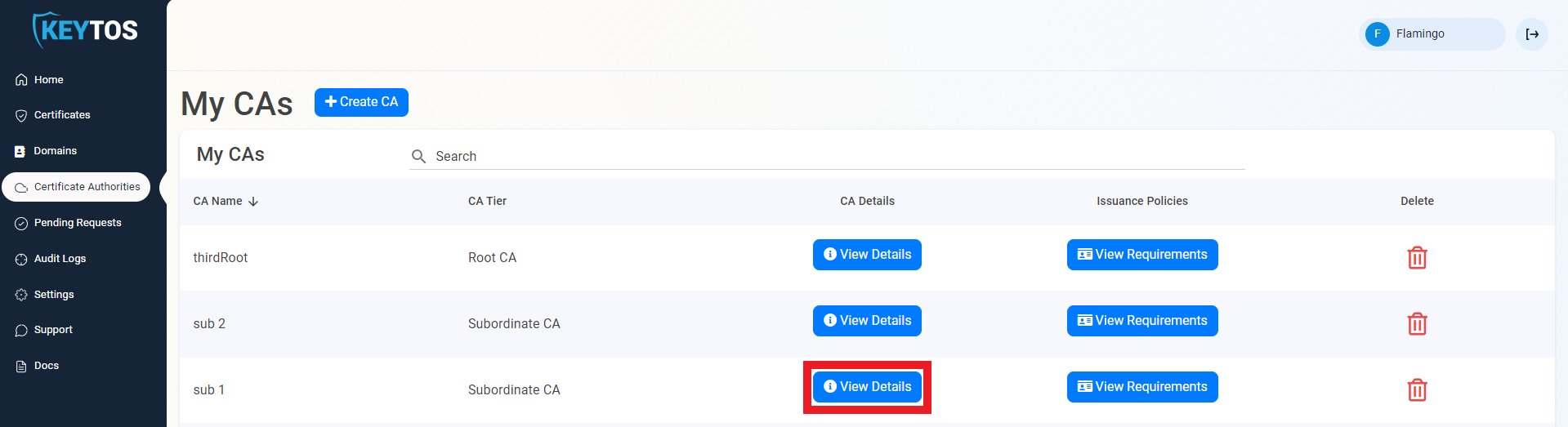 EZCA Cloud PKI Certificate Authorities list with View Details button for a specific CA