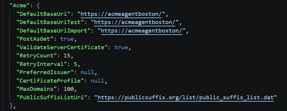 simple-acme settings_default.json file with Acme section highlighted showing DefaultBaseUri, DefaultBaseUriTest, and DefaultBaseUriImport fields