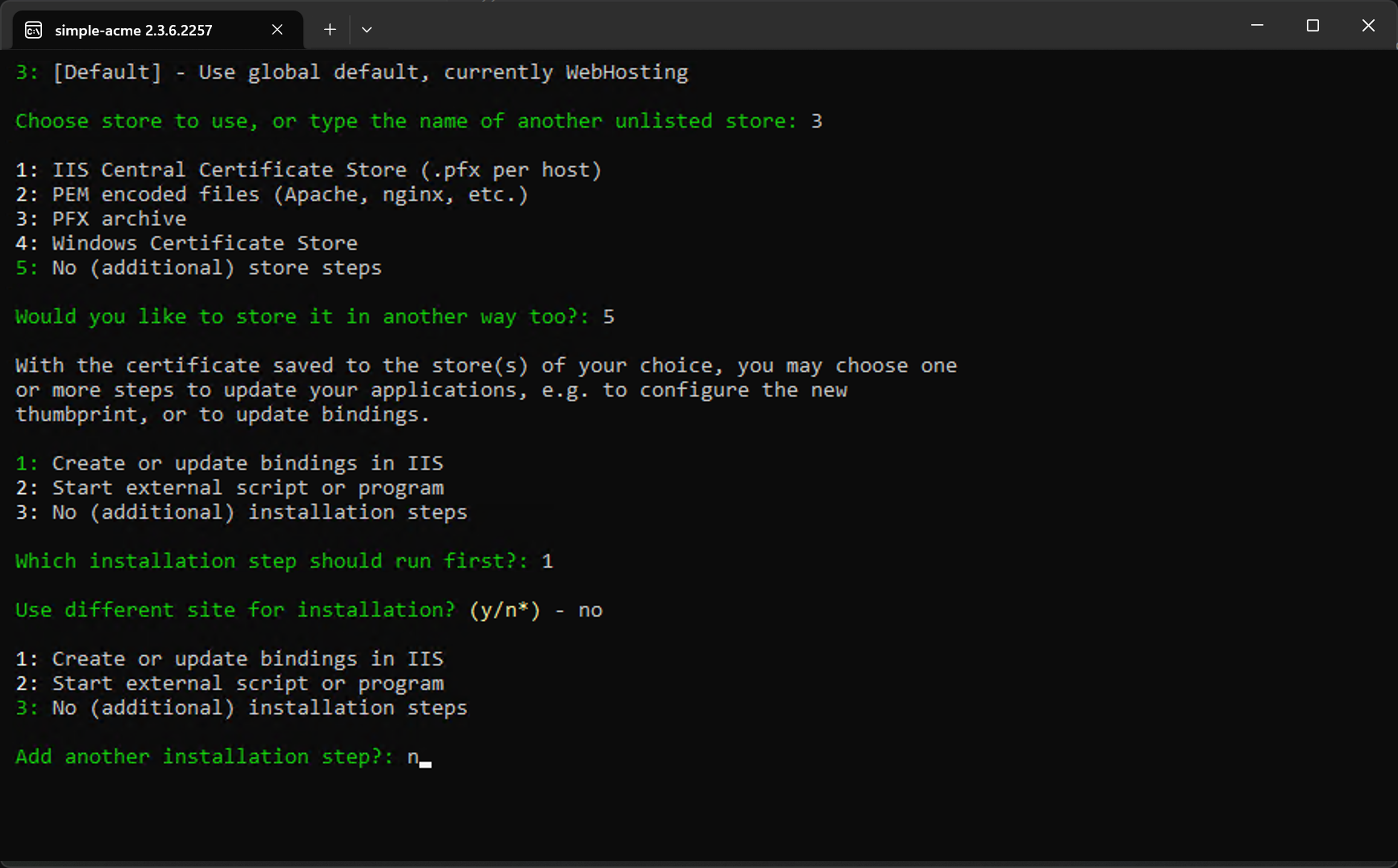 simple-acme additional installation steps screen with option n for no additional steps highlighted
