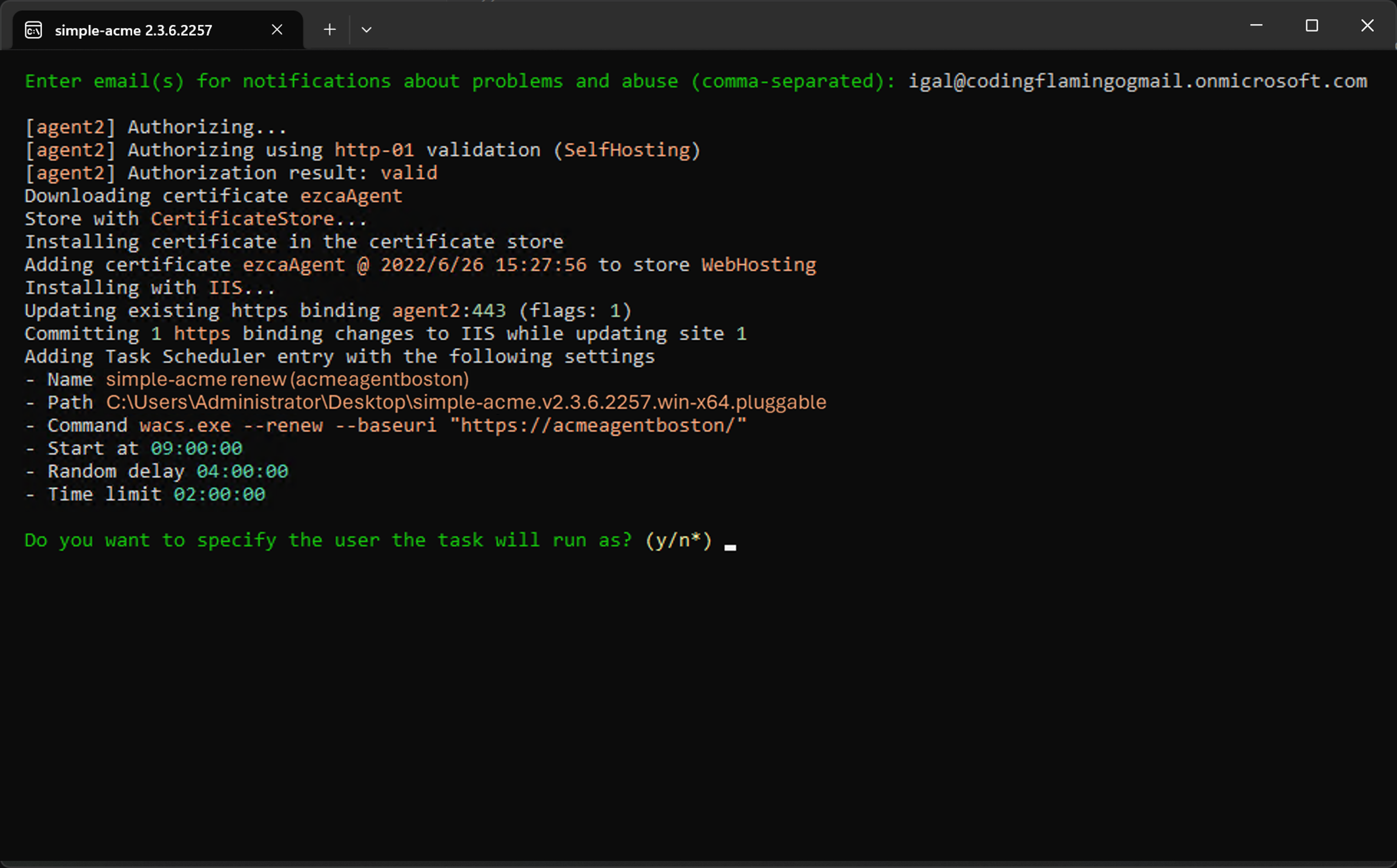 simple-acme success screen showing certificate request was successful