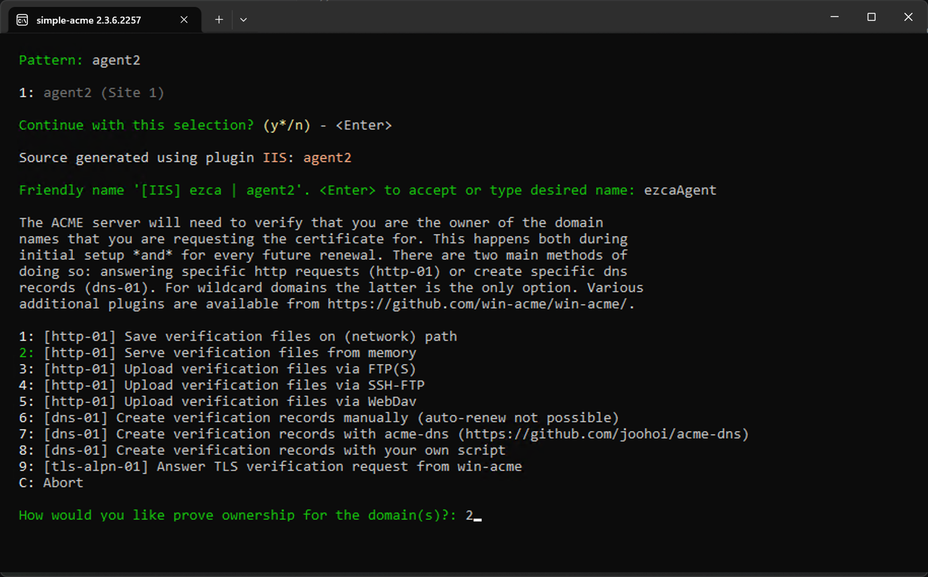 simple-acme challenge response method selection screen with option 2 for serving the challenge on the site highlighted