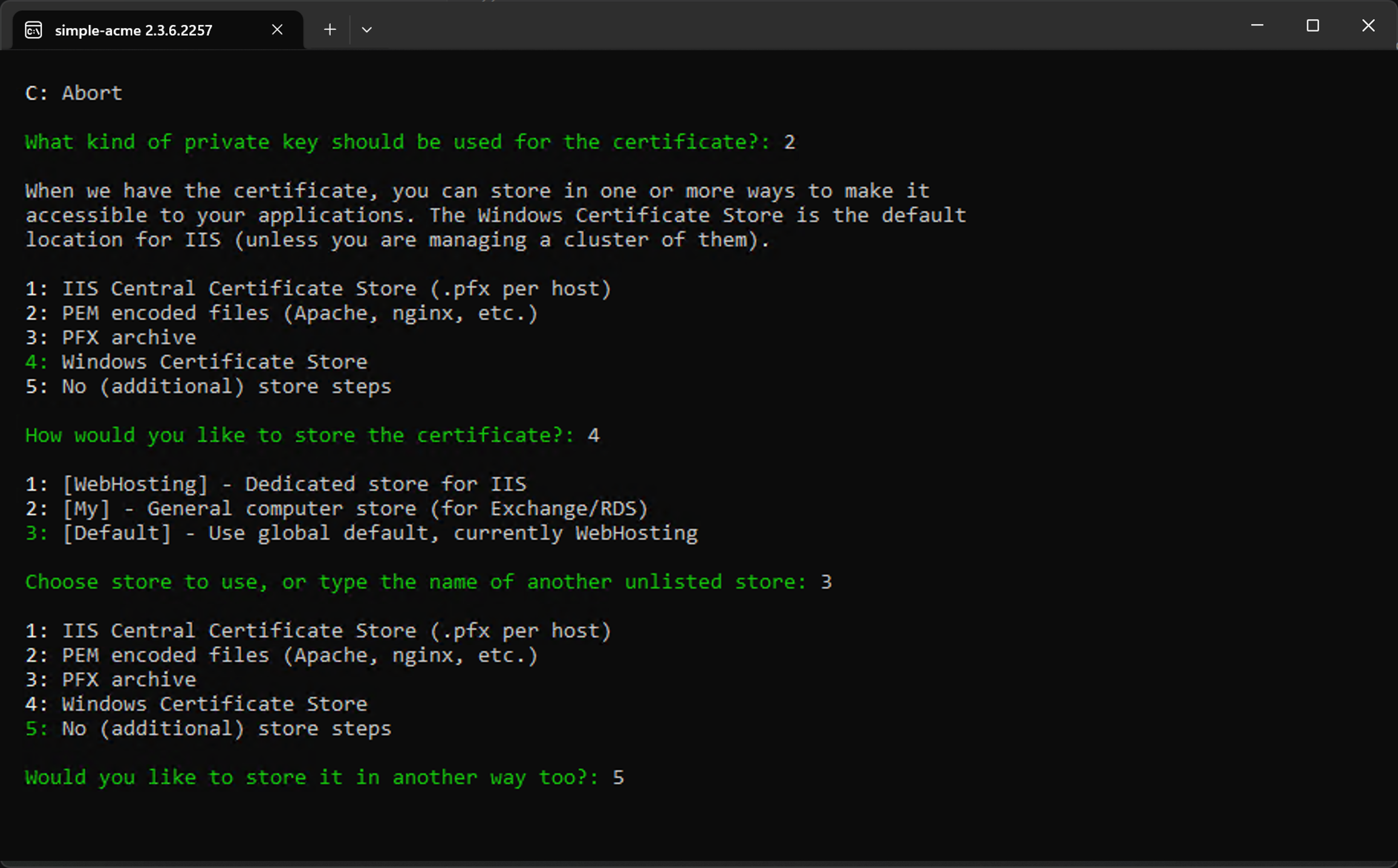 simple-acme certificate store selection screen with option for Windows Certificate Store highlighted