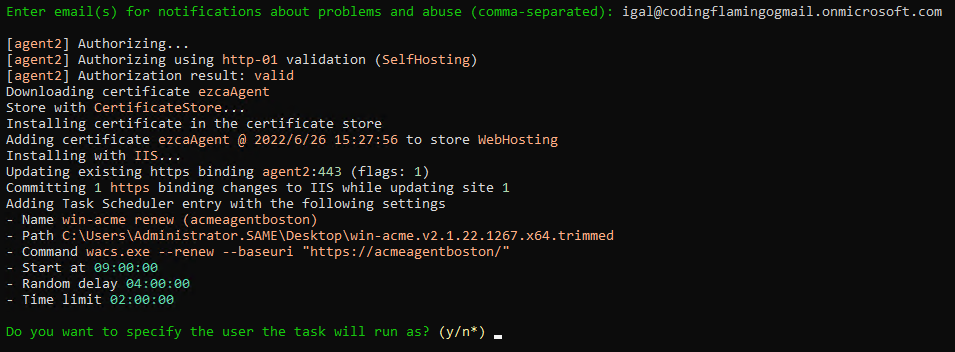 win-acme success screen showing certificate request was successful