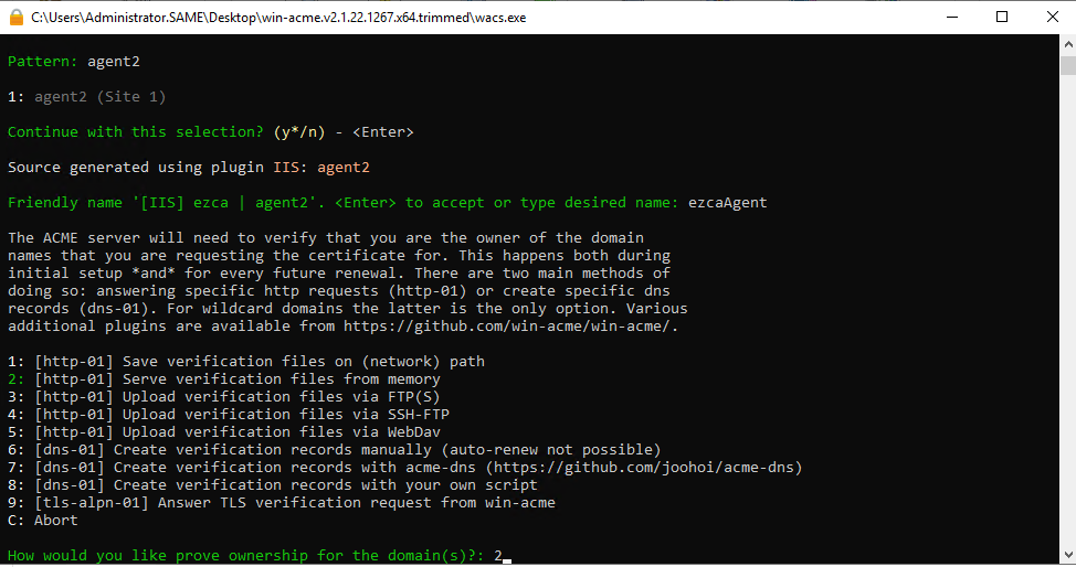 win-acme challenge response method selection screen with option 2 for serving the challenge on the site highlighted