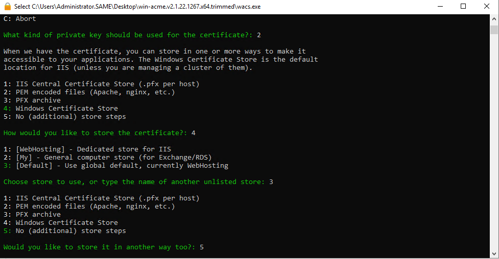 win-acme certificate store selection screen with option for Windows Certificate Store highlighted