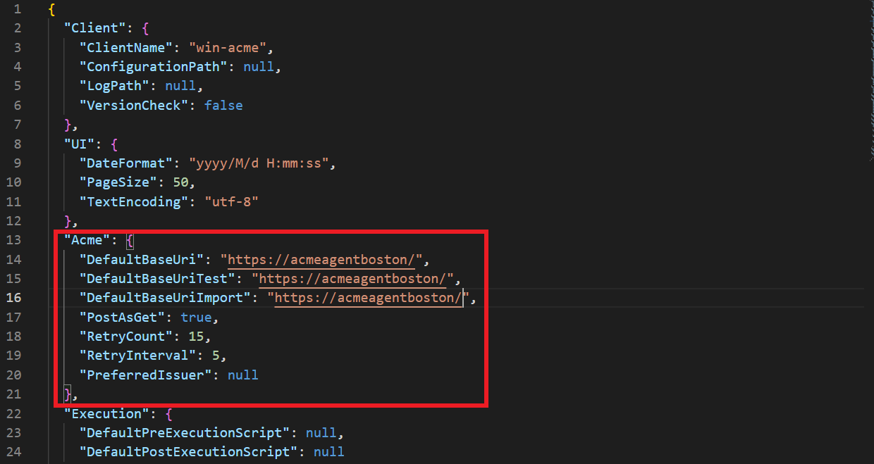 win-acme settings_default.json file with Acme section highlighted showing DefaultBaseUri, DefaultBaseUriTest, and DefaultBaseUriImport fields