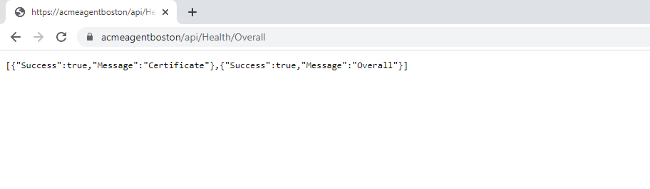 Browser showing ACME Agent Health API response with overall status healthy