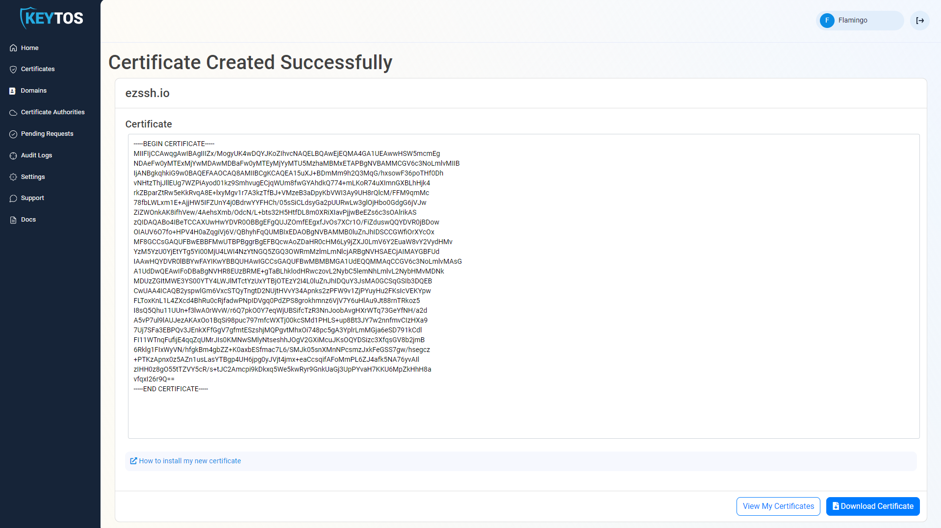 EZCA Cloud PKI Certificate Created Successfully page showing Download Certificate button highlighted to download the newly created ACME Agent certificate