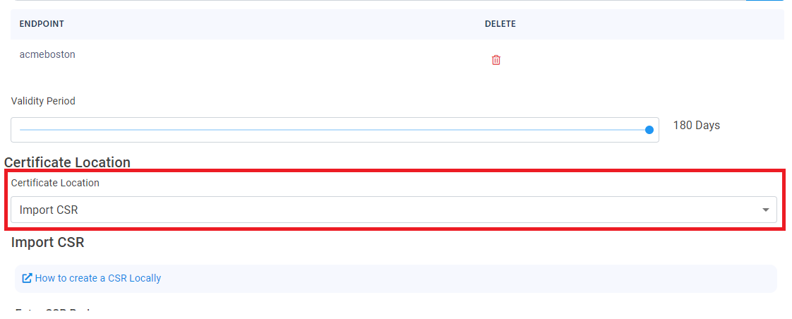 EZCA Cloud PKI Request New Certificate form with Certificate Location set to Import CSR