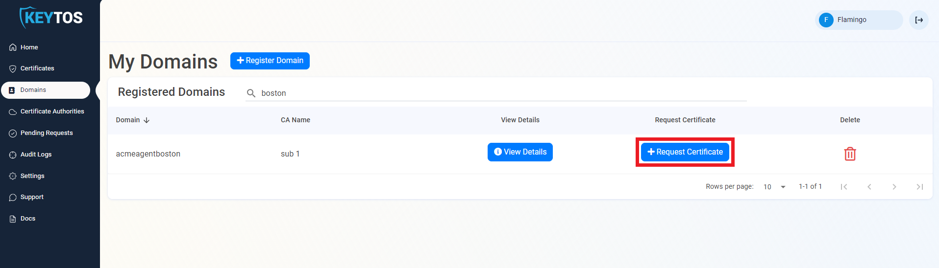 EZCA Cloud PKI My Domains page with Request Certificate button highlighted for a specific domain
