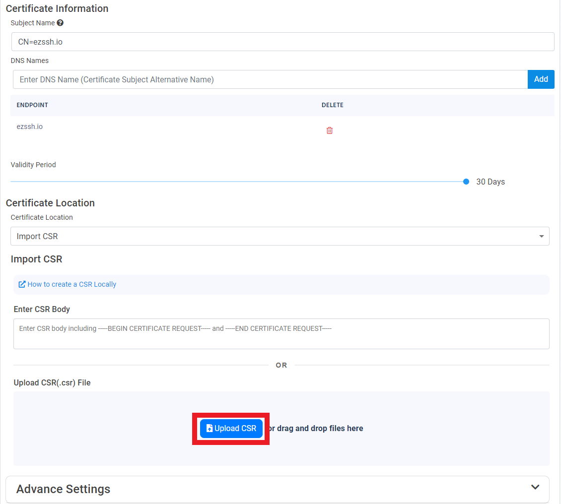 EZCA Cloud PKI Request New Certificate form with Upload CSR button highlighted to upload the CSR created using certreq.exe
