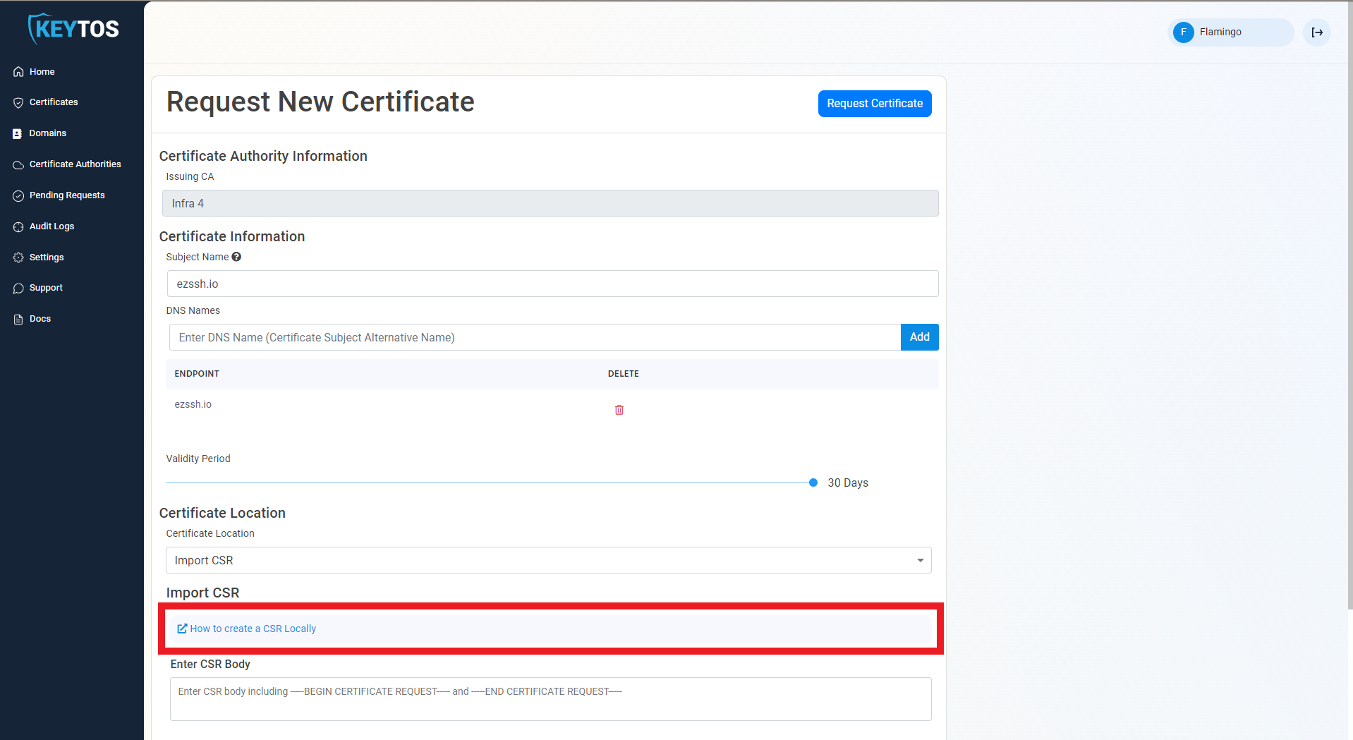EZCA Cloud PKI Request New Certificate form with How to create a CSR Locally button highlighted